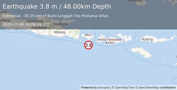 Earthquake SOUTH OF BALI, INDONESIA (3.8 m) (2025-07-08 09:08:59 UTC)
