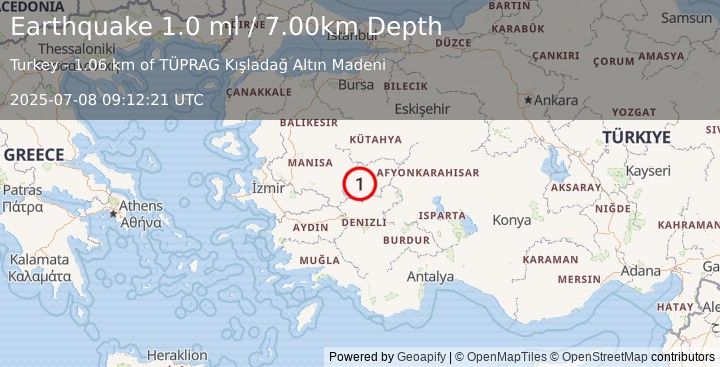 Earthquake WESTERN TURKEY (1.0 ml) (2025-07-08 09:12:21 UTC)
