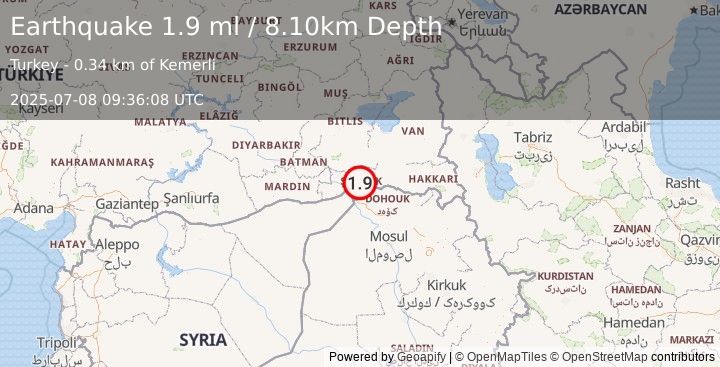 Earthquake TURKEY-SYRIA-IRAQ BORDER REGION (1.9 ml) (2025-07-08 09:36:08 UTC)