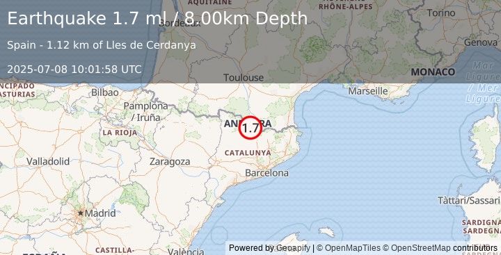 Earthquake PYRENEES (1.7 ml) (2025-07-08 10:01:58 UTC)