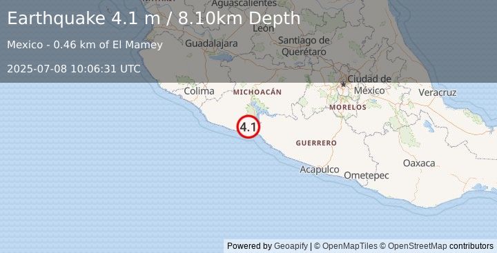 Earthquake MICHOACAN, MEXICO (4.1 m) (2025-07-08 10:06:31 UTC)