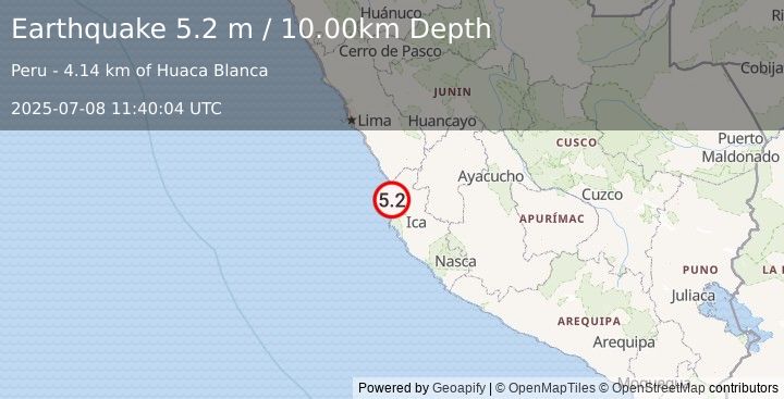 Earthquake NEAR COAST OF CENTRAL PERU (5.1 m) (2025-07-08 11:40:06 UTC)