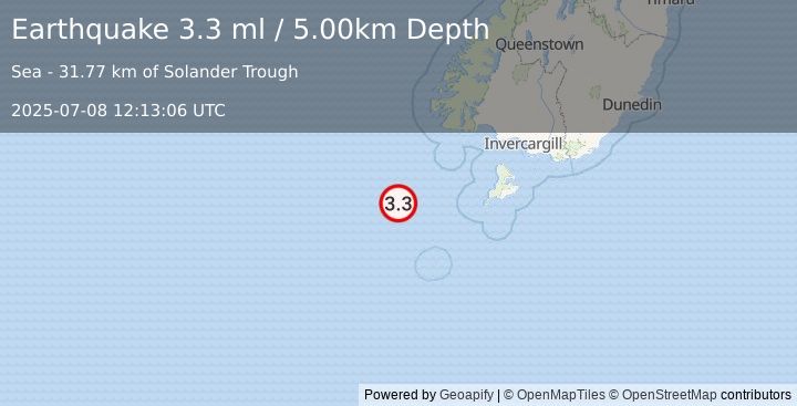 Earthquake OFF W. COAST OF S. ISLAND, N.Z. (3.3 ml) (2025-07-08 12:13:06 UTC)