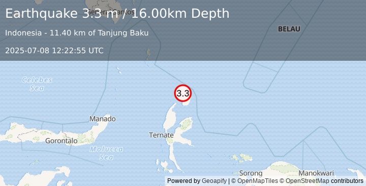 Earthquake HALMAHERA, INDONESIA (3.3 m) (2025-07-08 12:22:55 UTC)