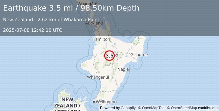 Earthquake NORTH ISLAND OF NEW ZEALAND (3.5 ml) (2025-07-08 12:42:10 UTC)