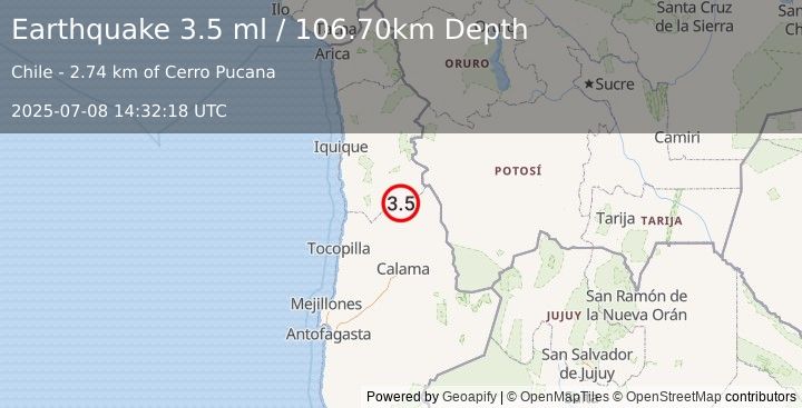 Earthquake TARAPACA, CHILE (3.5 ml) (2025-07-08 14:32:18 UTC)