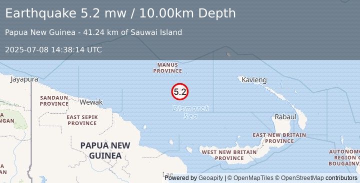 Earthquake BISMARCK SEA (5.2 mw) (2025-07-08 14:38:14 UTC)