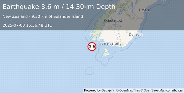 Earthquake OFF W. COAST OF S. ISLAND, N.Z. (3.6 m) (2025-07-08 15:36:48 UTC)