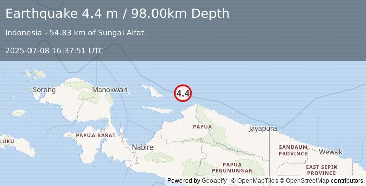 Earthquake NEAR N COAST OF PAPUA, INDONESIA (4.4 m) (2025-07-08 16:37:51 UTC)