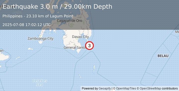 Earthquake MINDANAO, PHILIPPINES (3.0 m) (2025-07-08 17:02:12 UTC)