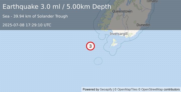 Earthquake OFF W. COAST OF S. ISLAND, N.Z. (3.0 ml) (2025-07-08 17:29:10 UTC)