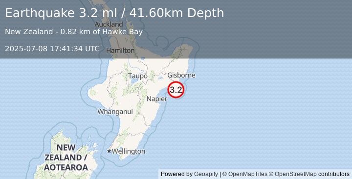 Earthquake OFF E. COAST OF N. ISLAND, N.Z. (3.2 ml) (2025-07-08 17:41:34 UTC)