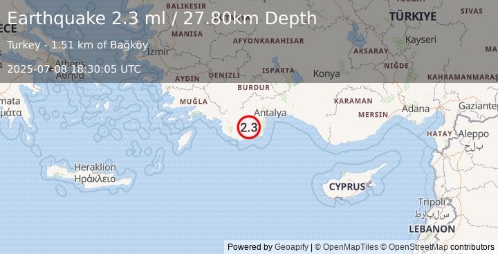 Earthquake WESTERN TURKEY (2.3 ml) (2025-07-08 18:30:04 UTC)