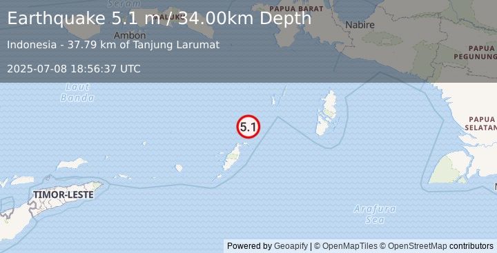 Earthquake KEP. TANIMBAR REGION, INDONESIA (4.9 mw) (2025-07-08 18:56:34 UTC)