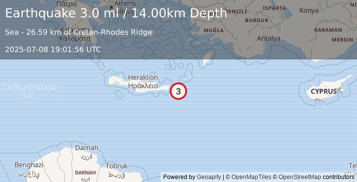 Earthquake CRETE, GREECE (3.0 ml) (2025-07-08 19:01:56 UTC)