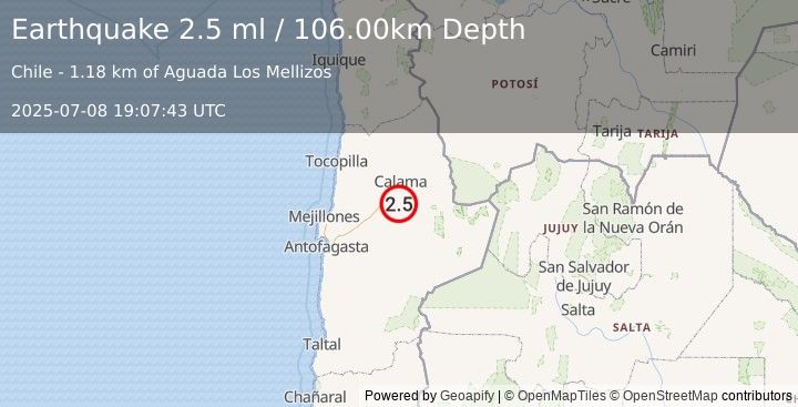 Earthquake ANTOFAGASTA, CHILE (2.5 ml) (2025-07-08 19:07:43 UTC)