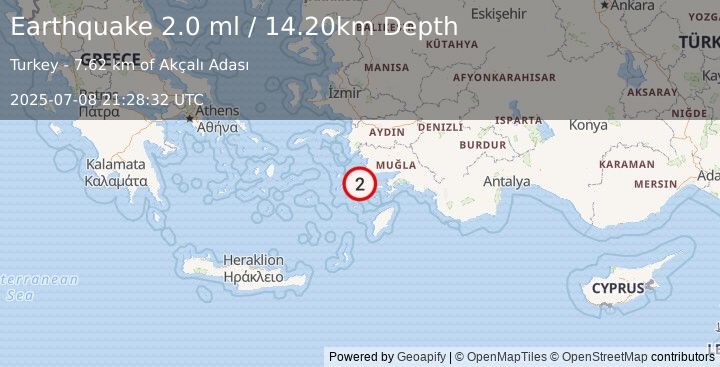 Earthquake DODECANESE IS.-TURKEY BORDER REG (1.9 ml) (2025-07-08 21:28:31 UTC)