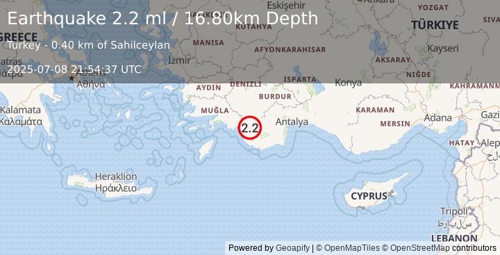 Earthquake WESTERN TURKEY (2.2 ml) (2025-07-08 21:54:37 UTC)