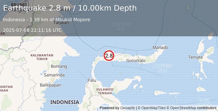 Earthquake MINAHASA, SULAWESI, INDONESIA (2.8 m) (2025-07-08 22:11:16 UTC)
