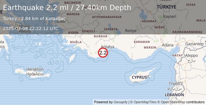 Earthquake WESTERN TURKEY (2.2 ml) (2025-07-08 22:22:13 UTC)