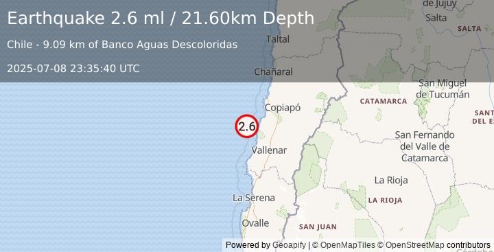 Earthquake OFFSHORE ATACAMA, CHILE (2.6 ml) (2025-07-08 23:35:40 UTC)
