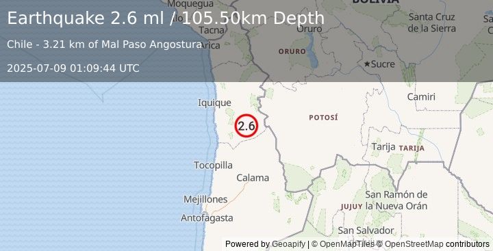 Earthquake TARAPACA, CHILE (2.5 ml) (2025-07-09 01:10:09 UTC)