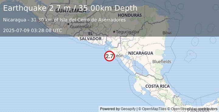 Earthquake NEAR COAST OF NICARAGUA (2.7 m) (2025-07-09 03:28:08 UTC)