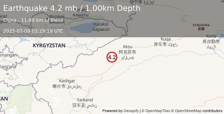 Earthquake SOUTHERN XINJIANG, CHINA (4.2 mb) (2025-07-09 03:29:19 UTC)