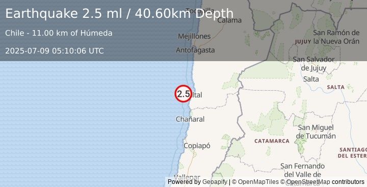 Earthquake OFFSHORE ANTOFAGASTA, CHILE (2.5 ml) (2025-07-09 05:10:06 UTC)
