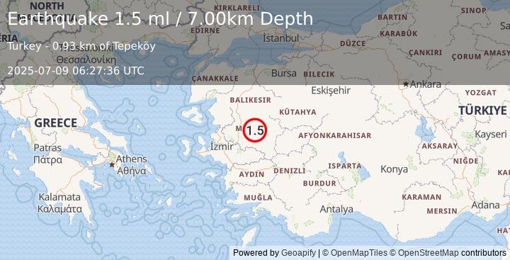 Earthquake WESTERN TURKEY (1.5 ml) (2025-07-09 06:27:36 UTC)