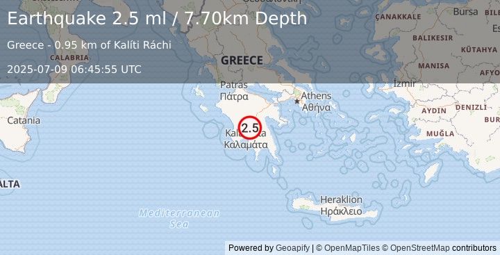 Earthquake SOUTHERN GREECE (2.5 ml) (2025-07-09 06:45:55 UTC)