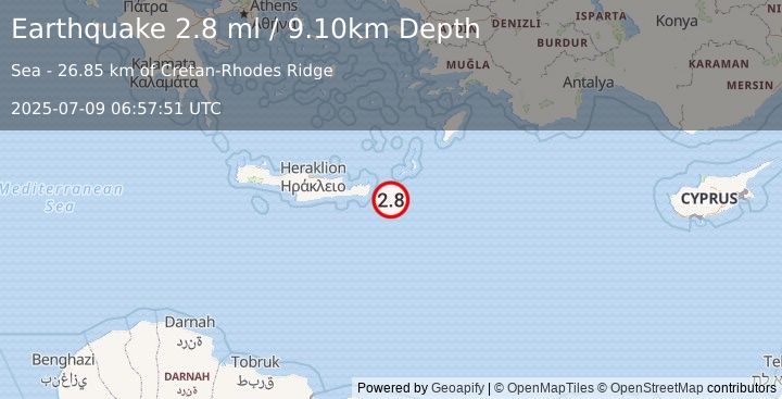 Earthquake CRETE, GREECE (2.8 ml) (2025-07-09 06:57:51 UTC)