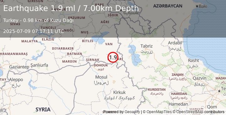 Earthquake TURKEY-IRAQ BORDER REGION (1.9 ml) (2025-07-09 07:17:11 UTC)
