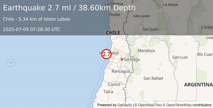 Earthquake OFFSHORE VALPARAISO, CHILE (2.7 ml) (2025-07-09 07:28:30 UTC)