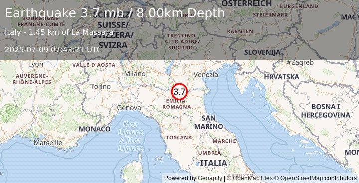 Earthquake NORTHERN ITALY (3.7 ml) (2025-07-09 07:43:22 UTC)