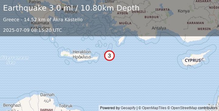 Earthquake DODECANESE ISLANDS, GREECE (3.0 ml) (2025-07-09 08:15:20 UTC)