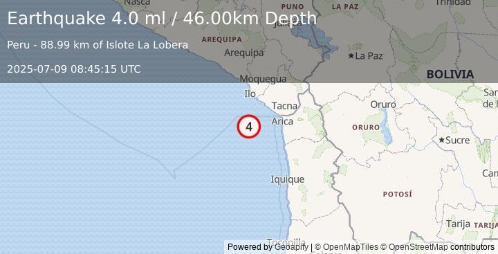 Earthquake OFF COAST OF TARAPACA, CHILE (4.0 ml) (2025-07-09 08:45:15 UTC)