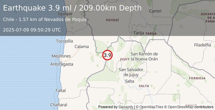 Earthquake JUJUY, ARGENTINA (3.9 ml) (2025-07-09 09:50:29 UTC)