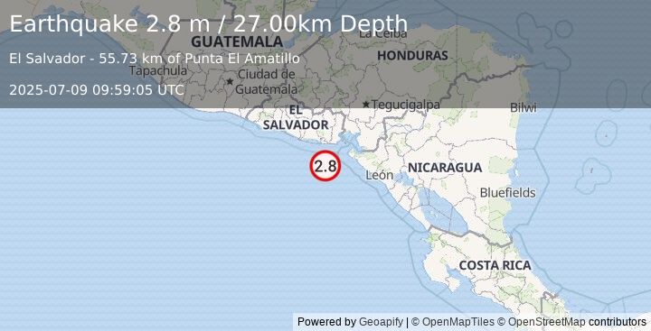 Earthquake OFFSHORE EL SALVADOR (2.8 m) (2025-07-09 09:59:05 UTC)