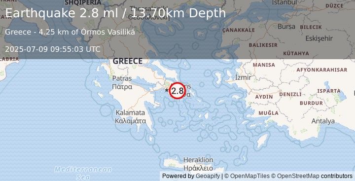 Earthquake SOUTHERN GREECE (2.8 ml) (2025-07-09 09:55:03 UTC)