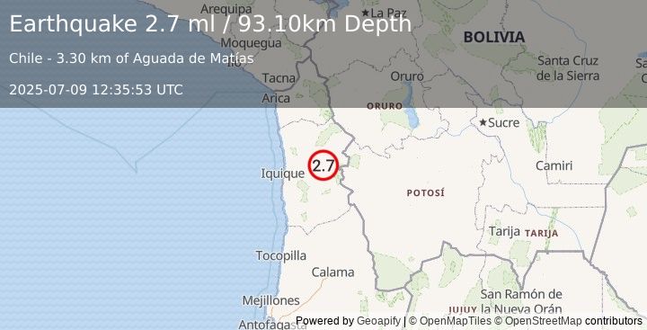 Earthquake TARAPACA, CHILE (2.7 ml) (2025-07-09 12:35:53 UTC)