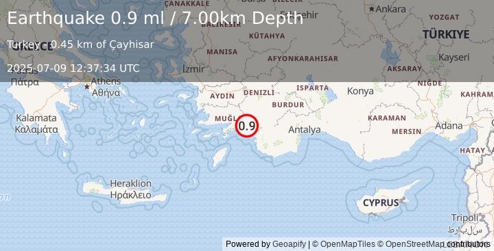 Earthquake DODECANESE IS.-TURKEY BORDER REG (0.9 ml) (2025-07-09 12:37:34 UTC)
