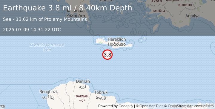 Earthquake CRETE, GREECE (3.7 ml) (2025-07-09 14:31:24 UTC)