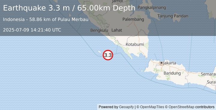 Earthquake SOUTHERN SUMATRA, INDONESIA (3.3 m) (2025-07-09 14:21:40 UTC)