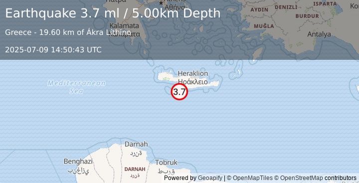 Earthquake CRETE, GREECE (3.7 ml) (2025-07-09 14:50:42 UTC)