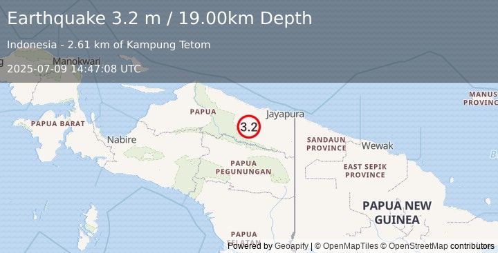 Earthquake NEAR N COAST OF PAPUA, INDONESIA (3.2 m) (2025-07-09 14:47:08 UTC)