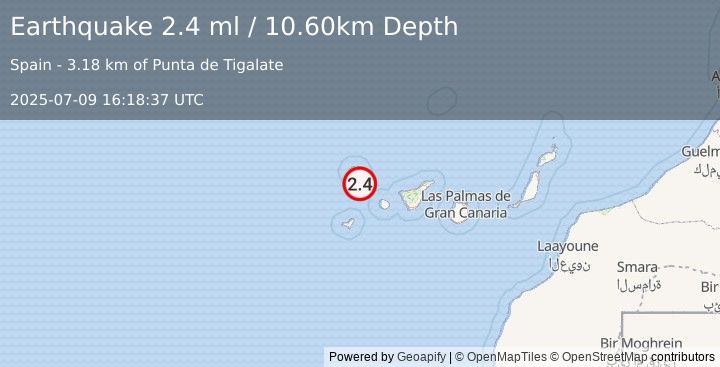 Earthquake CANARY ISLANDS, SPAIN REGION (2.4 ml) (2025-07-09 16:18:37 UTC)