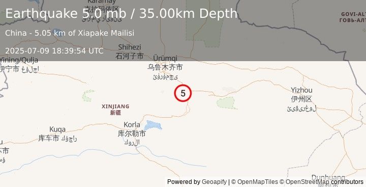 Earthquake NORTHERN XINJIANG, CHINA (4.9 mb) (2025-07-09 18:39:50 UTC)