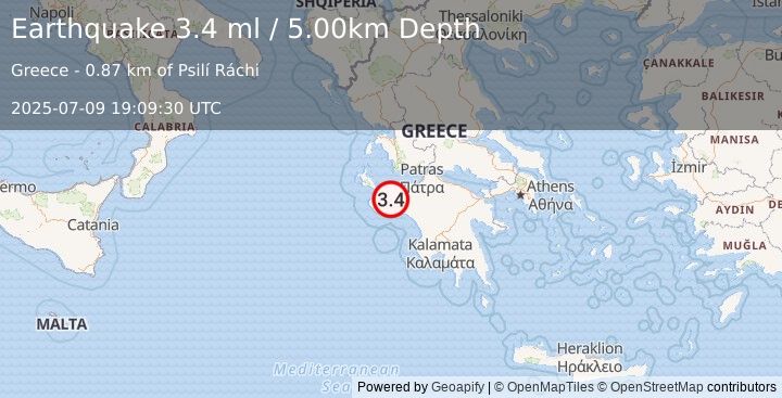Earthquake SOUTHERN GREECE (3.5 ml) (2025-07-09 19:09:29 UTC)
