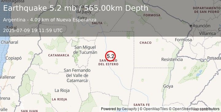 Earthquake SANTIAGO DEL ESTERO, ARGENTINA (5.1 mw) (2025-07-09 19:11:59 UTC)